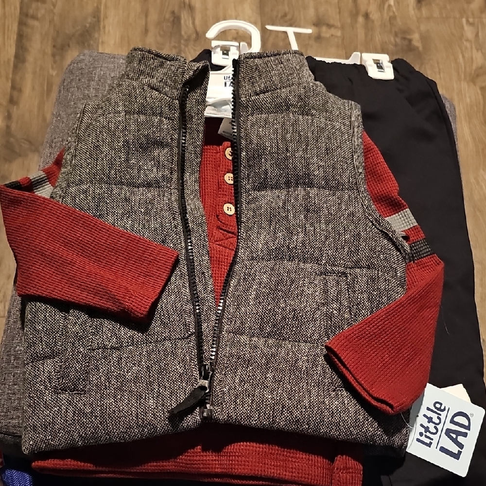 NWT Little Lad 3 Piece Gray Vest Burgundy Long Sleeve Black Pants 2t Boy Toddler